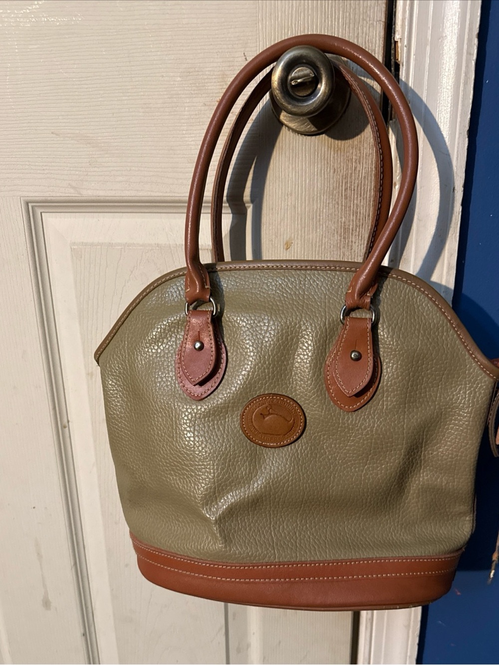 Dooney & Bourke Olive Green Leather Satchel with Brown Trim and Handles
